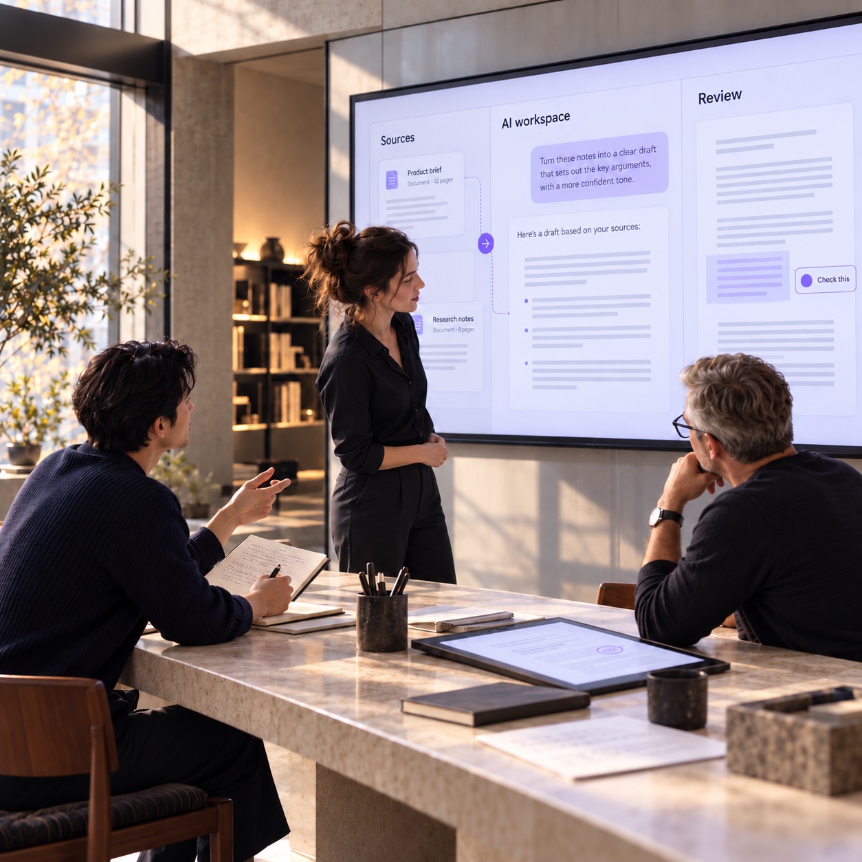 Professionals discuss and review an AI-generated draft, combining digital tools with their own knowledge and judgment.